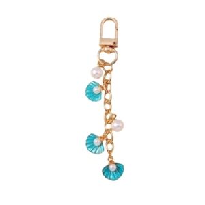 Beach Shell Pearl Gold Tone Bag Charm Keychain | Coastal Purse Accessory